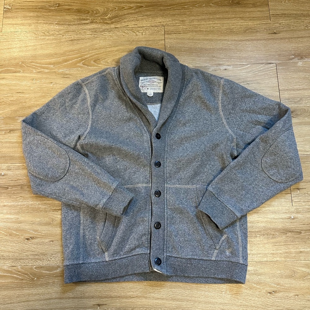 Men's Gray Shawl Collar Cardigan Sweater with elbow patches American eagle L